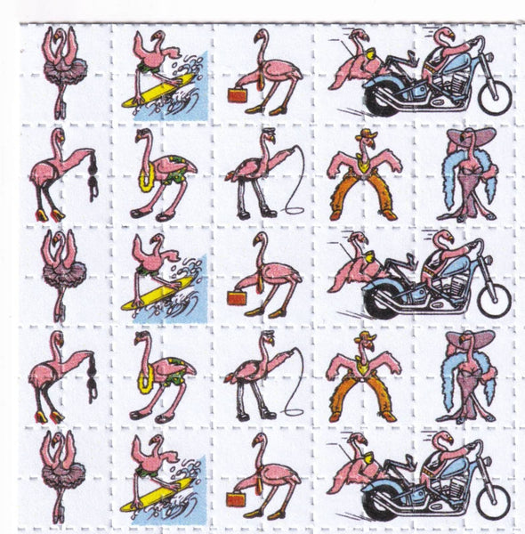 Cartoon flamingos blotter art various poses on a grid background